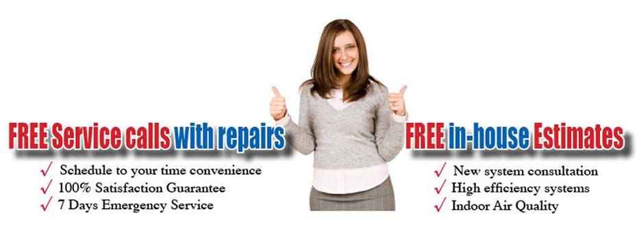 a girl smiling with thumbs up for free ac service calls with repairs and free in house estimates for new ac systems ad